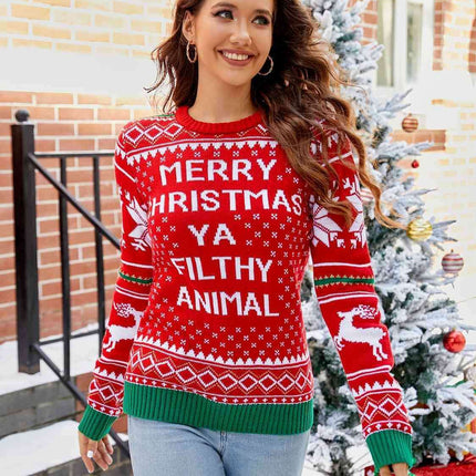 Festive Cheer Letter Print Crewneck Sweater - Warm Acrylic Holiday Top