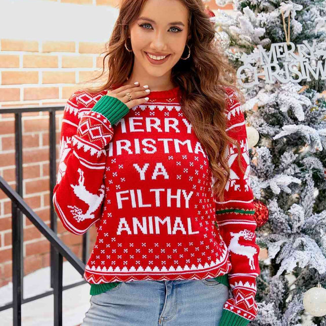 Festive Cheer Letter Print Crewneck Sweater - Warm Acrylic Holiday Top