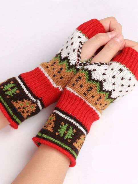 Festive Knit Fingerless Gloves with Adorable Christmas Tree Motif - Warm Winter Hand Accessories