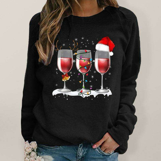 Festive Red Wine Cup Print Raglan Sweater Dress for Women