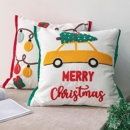 Festive Santa & Snowflake Embroidered Cotton Pillow Cover - Holiday Home Decor Accent