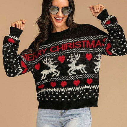Festive Women's Reindeer Jacquard Knit Pullover Sweater
