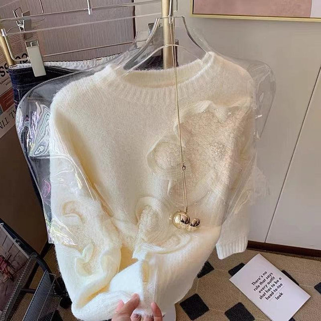 Floral Elegance Cozy Knit Pullover: Korean-Inspired Fashion for Autumn-Winter