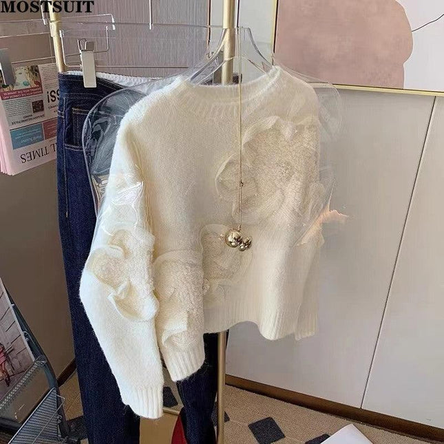 Floral Elegance Cozy Knit Pullover: Korean-Inspired Fashion for Autumn-Winter
