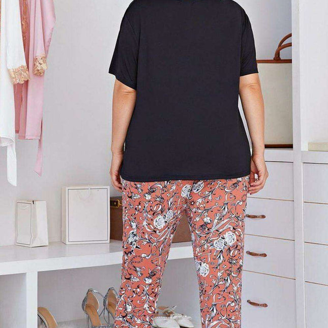 Floral Elegance Plus Size Lounge Set with Tee and Pants