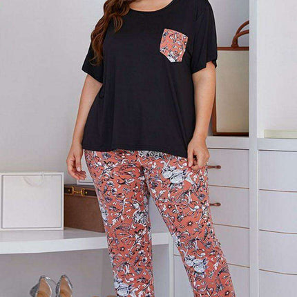 Floral Elegance Plus Size Lounge Set with Tee and Pants - Très Elite