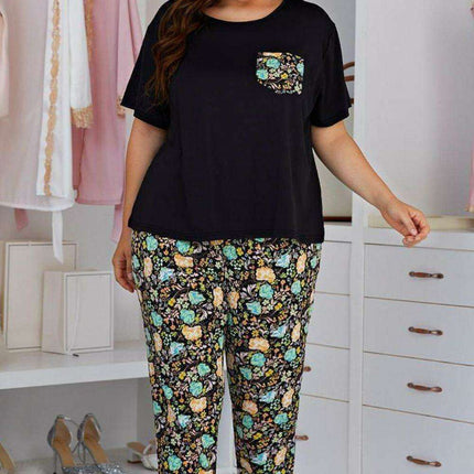 Floral Elegance Plus Size Lounge Set with Tee and Pants - Très Elite