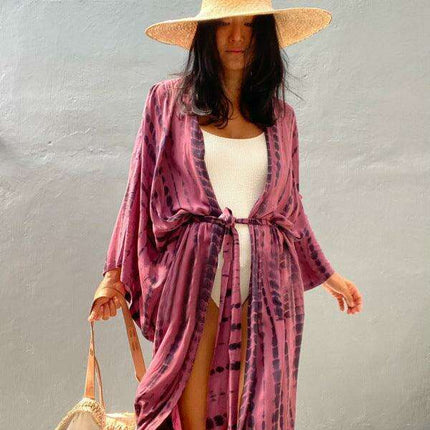 Bohemian Tie-Dye Beach Cardigan with Stylish Waist Tie and Long Sleeves