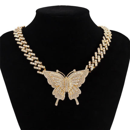 Glamorous Rhinestone Butterfly Necklace Set with Trendy Cuban Chain for Women