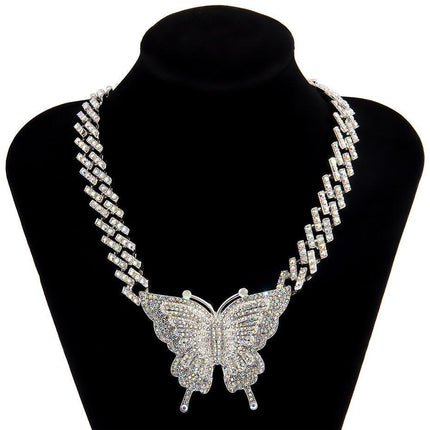 Glamorous Rhinestone Butterfly Necklace Set with Trendy Cuban Chain for Women