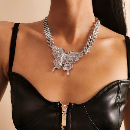 Glamorous Rhinestone Butterfly Necklace Set with Trendy Cuban Chain for Women
