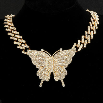 Glamorous Rhinestone Butterfly Necklace Set with Trendy Cuban Chain for Women