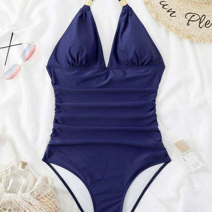 Golden Elegance | Plunging Neckline Halter Swimsuit for Women - Très Elite