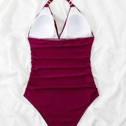 Golden Elegance | Plunging Neckline Halter Swimsuit for Women - Très Elite