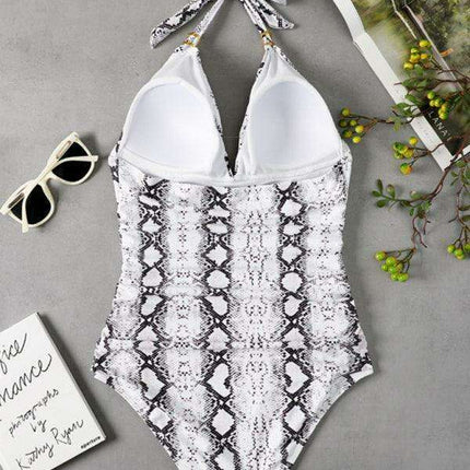 Golden Elegance | Plunging Neckline Halter Swimsuit for Women - Très Elite