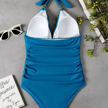 Golden Elegance | Plunging Neckline Halter Swimsuit for Women - Très Elite