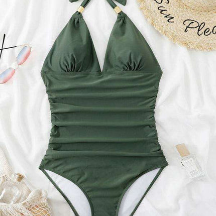 Golden Elegance | Plunging Neckline Halter Swimsuit for Women - Très Elite