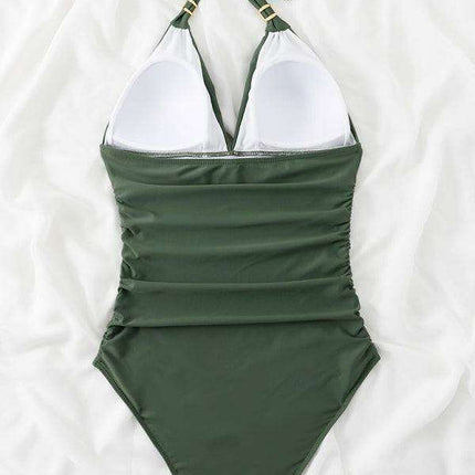Golden Elegance | Plunging Neckline Halter Swimsuit for Women - Très Elite