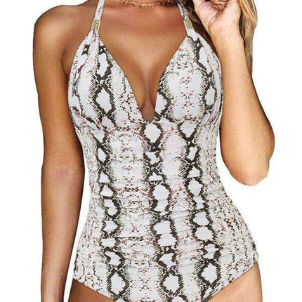 Golden Elegance | Plunging Neckline Halter Swimsuit for Women - Très Elite