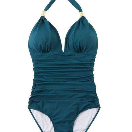 Golden Elegance | Plunging Neckline Halter Swimsuit for Women - Très Elite
