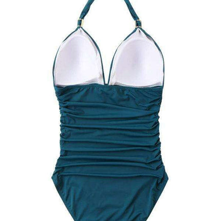 Golden Elegance | Plunging Neckline Halter Swimsuit for Women - Très Elite