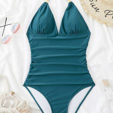 Golden Elegance | Plunging Neckline Halter Swimsuit for Women - Très Elite