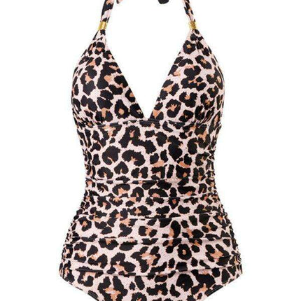 Golden Elegance | Plunging Neckline Halter Swimsuit for Women - Très Elite
