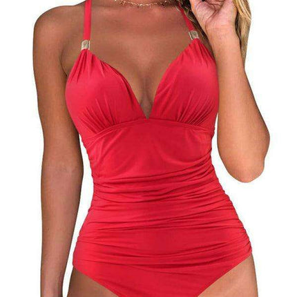 Golden Elegance | Plunging Neckline Halter Swimsuit for Women - Très Elite