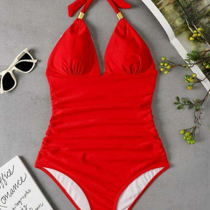 Golden Elegance | Plunging Neckline Halter Swimsuit for Women - Très Elite