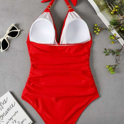 Golden Elegance | Plunging Neckline Halter Swimsuit for Women - Très Elite