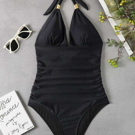 Golden Elegance | Plunging Neckline Halter Swimsuit for Women - Très Elite