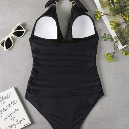 Golden Elegance | Plunging Neckline Halter Swimsuit for Women - Très Elite