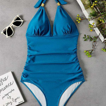 Golden Elegance | Plunging Neckline Halter Swimsuit for Women - Très Elite