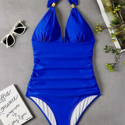 Golden Elegance | Plunging Neckline Halter Swimsuit for Women - Très Elite