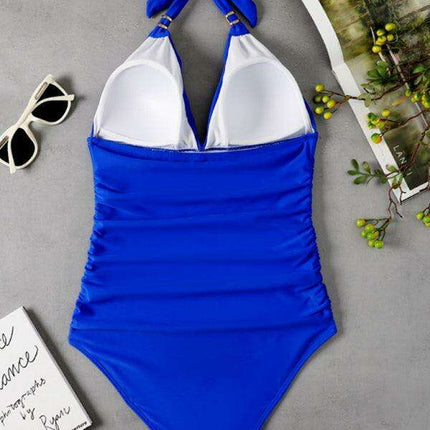 Golden Elegance | Plunging Neckline Halter Swimsuit for Women - Très Elite