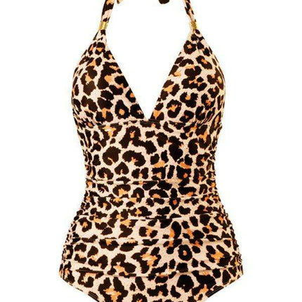 Golden Elegance | Plunging Neckline Halter Swimsuit for Women - Très Elite