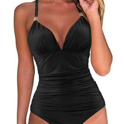 Golden Elegance | Plunging Neckline Halter Swimsuit for Women - Très Elite