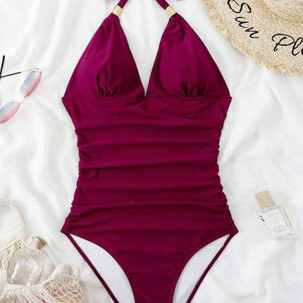 Golden Elegance | Plunging Neckline Halter Swimsuit for Women - Très Elite