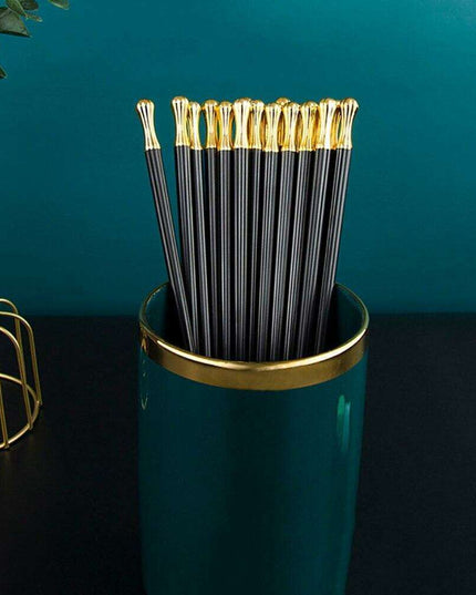 Elegant Dark Green & Gold Decorative Alloy Chopsticks Set - 10 Pairs