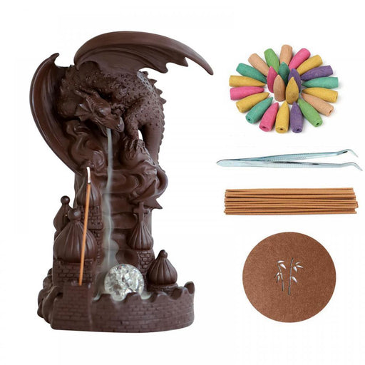 Dragon Design Purple Clay Ceramic Waterfall Incense Burner with 20 Pc Mixed Incense Cones