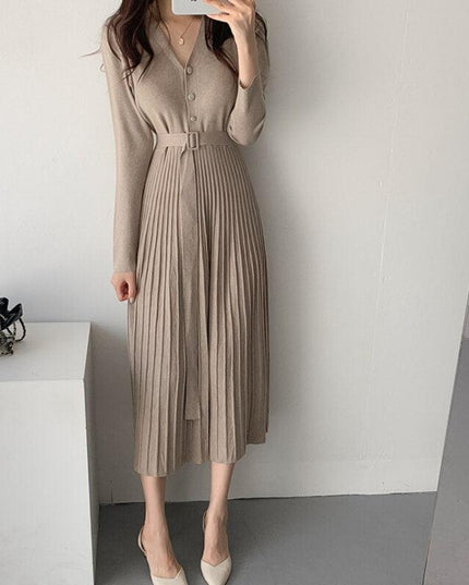 Elegant V-Neck Knit Sweater Dress with Belted Waist - Women's Winter Wardrobe Must-Have