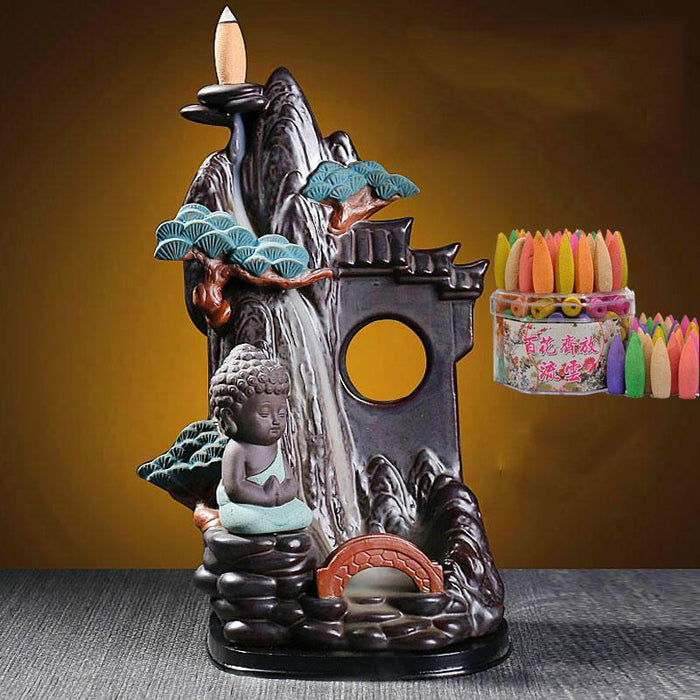 LED Ceramic Backflow Incense Burner with Smoke Waterfall and Pine Ornament