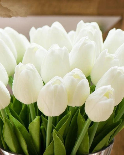 Charming Yellow and White Realistic Tulip Bouquet - Set of 10 Lifeslike Flowers for Any Occasion