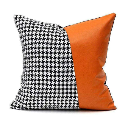 Elegant Black & White Grid Cushion Cover with Vibrant Orange Accent