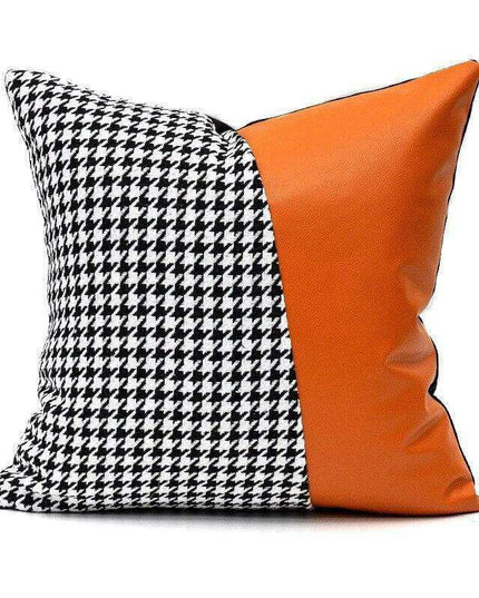 Elegant Black & White Grid Cushion Cover with Vibrant Orange Accent