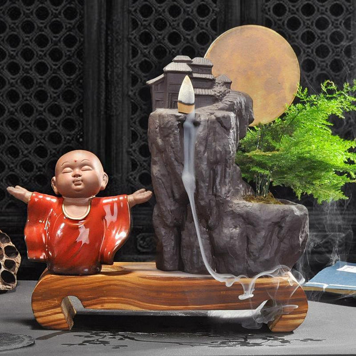 Ceramic Smoke Waterfall Incense Burner with LED Light and Pine Ornament
