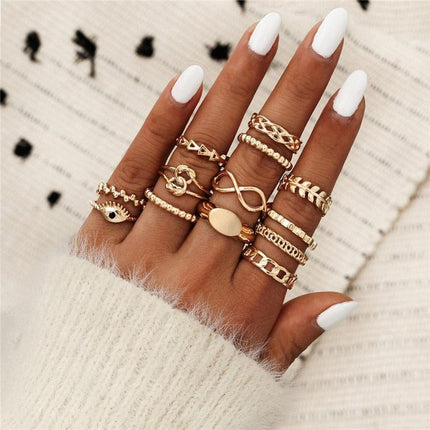Charming 12-Piece Bohemian Gold Crystal Ring Set - Elegant Jewelry Collection for Women