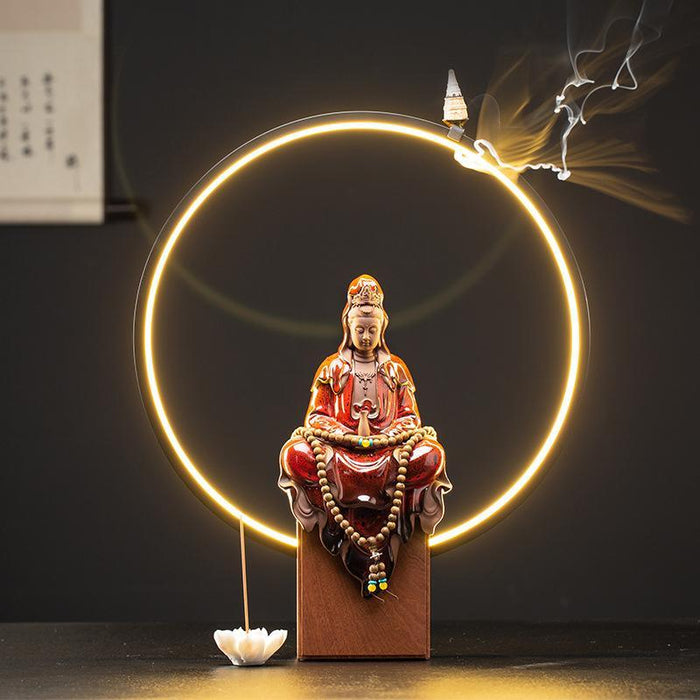 Zen Guanyin Bodhisattva Ceramic Backflow Incense Burner Set with LED Lighting - 20 Cone Pack