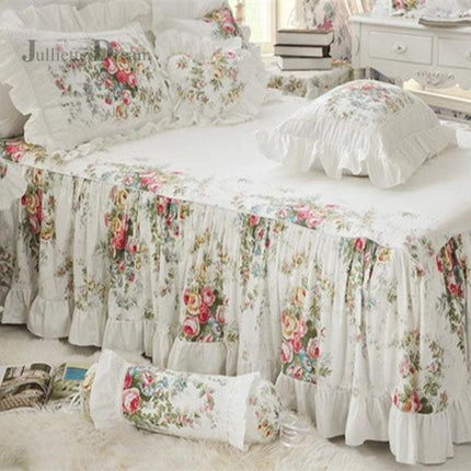 Charming Floral Satin Cotton Bedding Ensemble with Elegant Ruffles