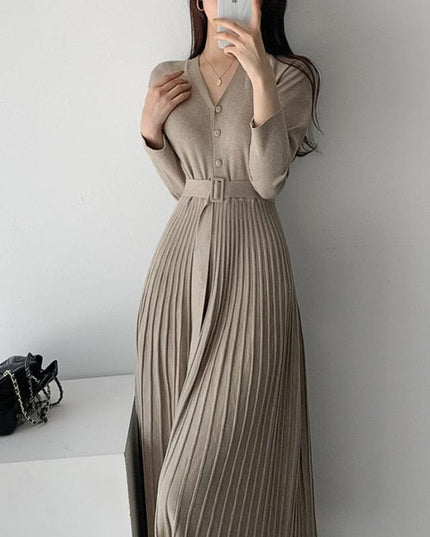Elegant V-Neck Knit Sweater Dress with Belted Waist - Women's Winter Wardrobe Must-Have